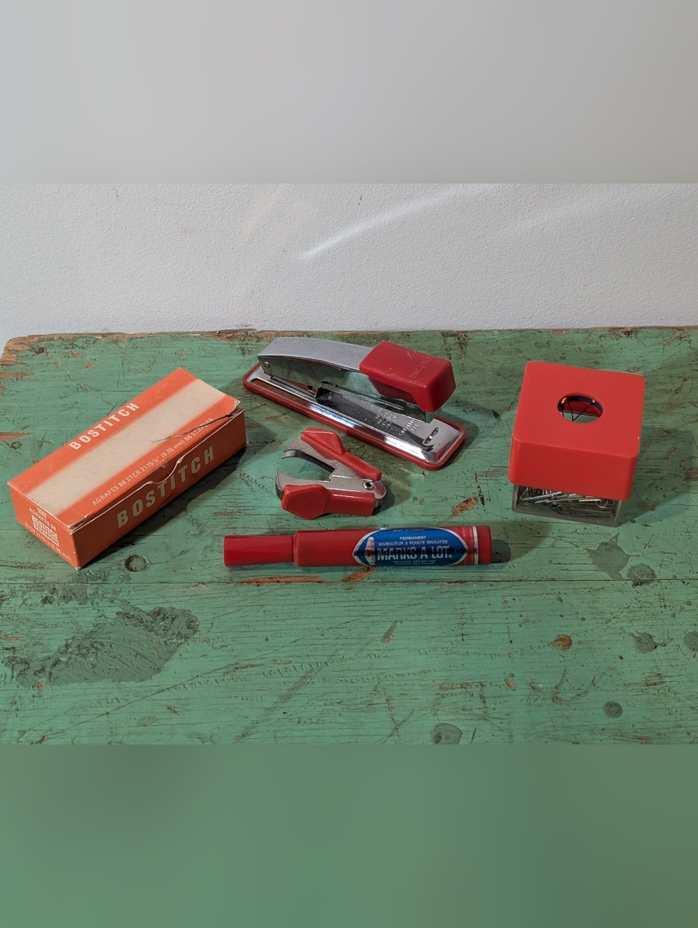 Vintage Red Office Supplies Lot - Stapler, Paperclip Holder, Staple Remover Neat
